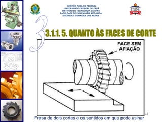3.1.1. 5. QUANTO ÀS FACES DE CORTE 
47 
SERVIÇO PÚBLICO FEDERAL 
UNIVERSIDADE FEDERAL DO PARÁ 
INSTITUTO DE TECNOLOGIA DA UFPA 
FACULDADE DE ENGENHARIA MECÂNICA 
DISCIPLINA: USINAGEM DOS METAIS 
Fresa de dois cortes e os sentidos em que pode usinar 
 
