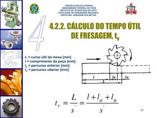SERVIÇO PÚBLICO FEDERAL 
UNIVERSIDADE FEDERAL DO PARÁ 
INSTITUTO DE TECNOLOGIA DA UFPA 
FACULDADE DE ENGENHARIA MECÂNICA 
DISCIPLINA: USINAGEM DOS METAIS 
4.2.2. CÁLCULO DO TEMPO ÚTIL 
57 
DE FRESAGEM, tv 
L = curso útil da mesa [mm] 
l = comprimento da peça [mm] 
la = percurso anterior [mm] 
lu = percurso ulterior [mm] 
 