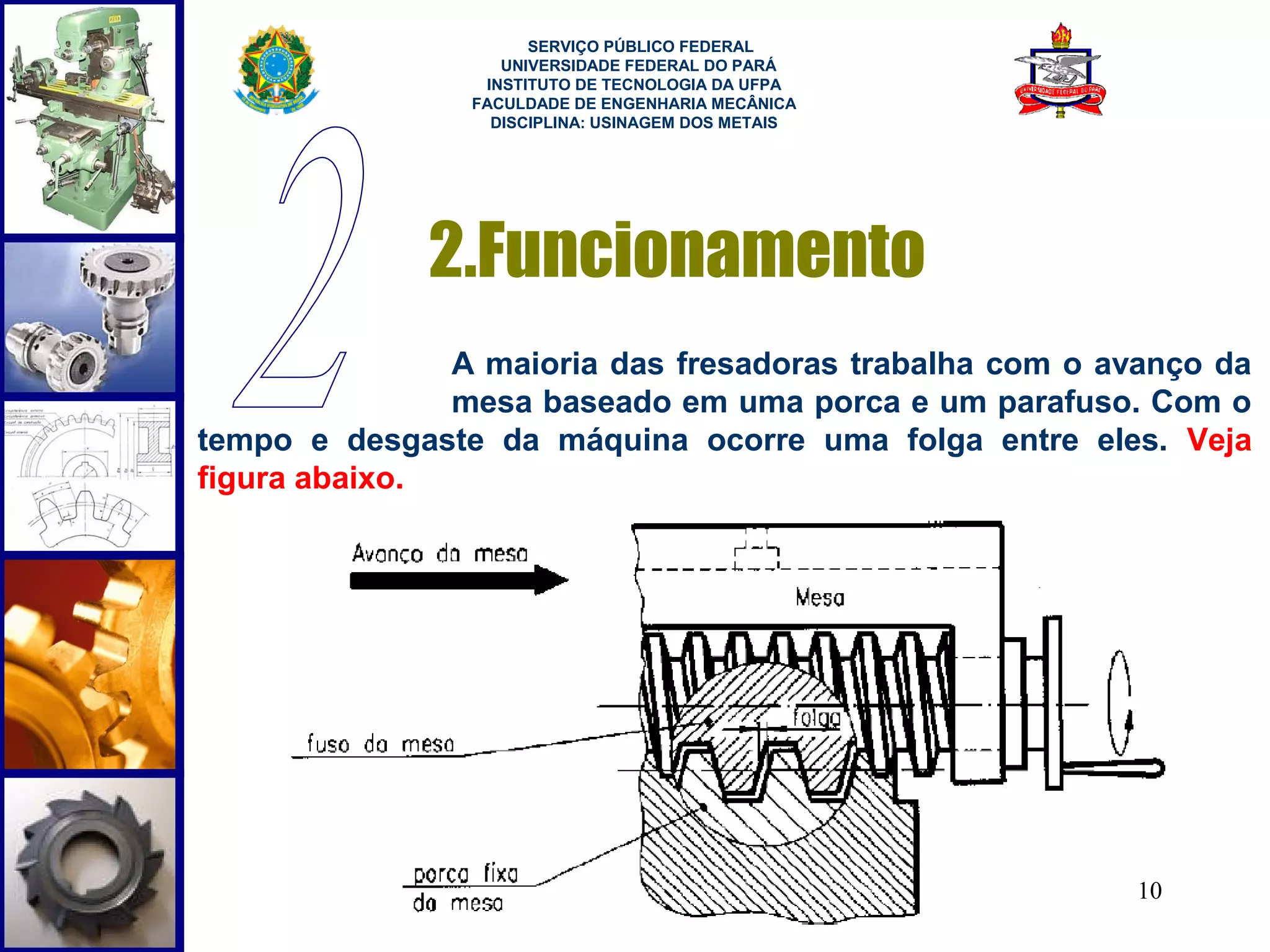  
                      SERVIÇO PÚBLICO FEDERAL
                   UNIVERSIDADE FEDERAL DO PARÁ
                 INSTITUTO DE TECNOLOGIA DA UFPA
                FACULDADE DE ENGENHARIA MECÂNICA
                  DISCIPLINA: USINAGEM DOS METAIS




              2.Funcionamento
               A maioria das fresadoras trabalha com o avanço da
               mesa baseado em uma porca e um parafuso. Com o
tempo e desgaste da máquina ocorre uma folga entre eles. Veja
figura abaixo.




                                                         10
 
