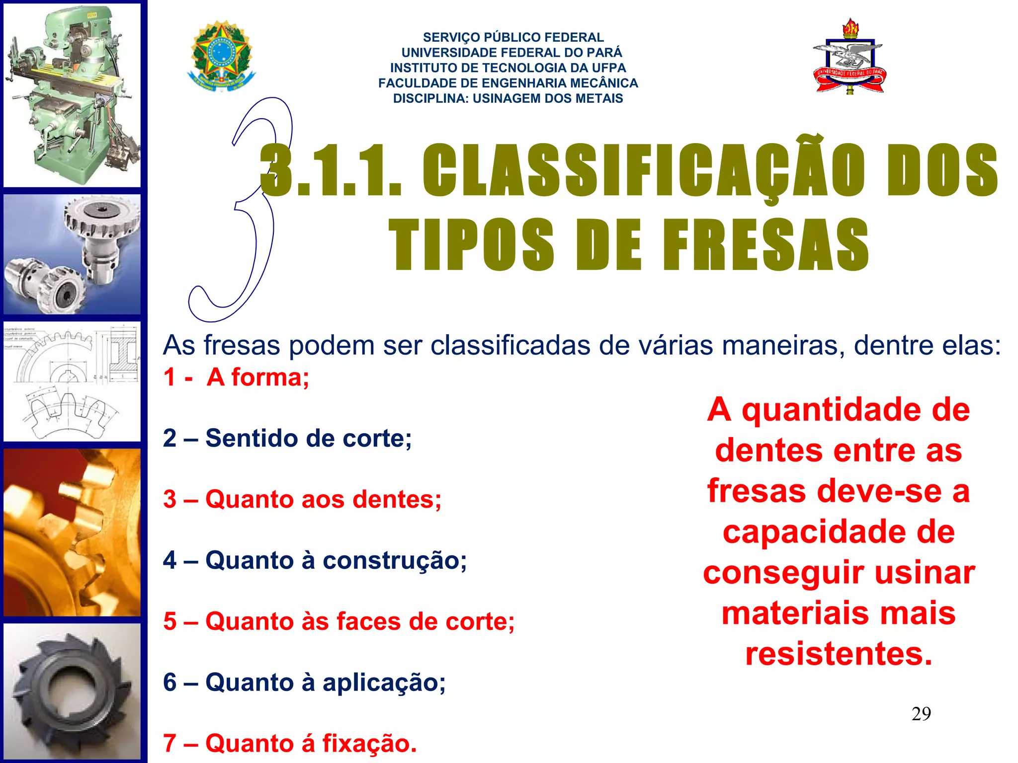  
                        SERVIÇO PÚBLICO FEDERAL
                     UNIVERSIDADE FEDERAL DO PARÁ
                   INSTITUTO DE TECNOLOGIA DA UFPA
                  FACULDADE DE ENGENHARIA MECÂNICA
                    DISCIPLINA: USINAGEM DOS METAIS




        3.1.1. CLASSIFICAÇÃO DOS
             TIPOS DE FRESAS
As fresas podem ser classificadas de várias maneiras, dentre elas:
1 - A forma;
                                                      A quantidade de
2 – Sentido de corte;
                                                       dentes entre as
3 – Quanto aos dentes;                                fresas deve-se a
                                                       capacidade de
4 – Quanto à construção;
                                                      conseguir usinar
5 – Quanto às faces de corte;                          materiais mais
                                                         resistentes.
6 – Quanto à aplicação;
                                                                  29
7 – Quanto á fixação.
 