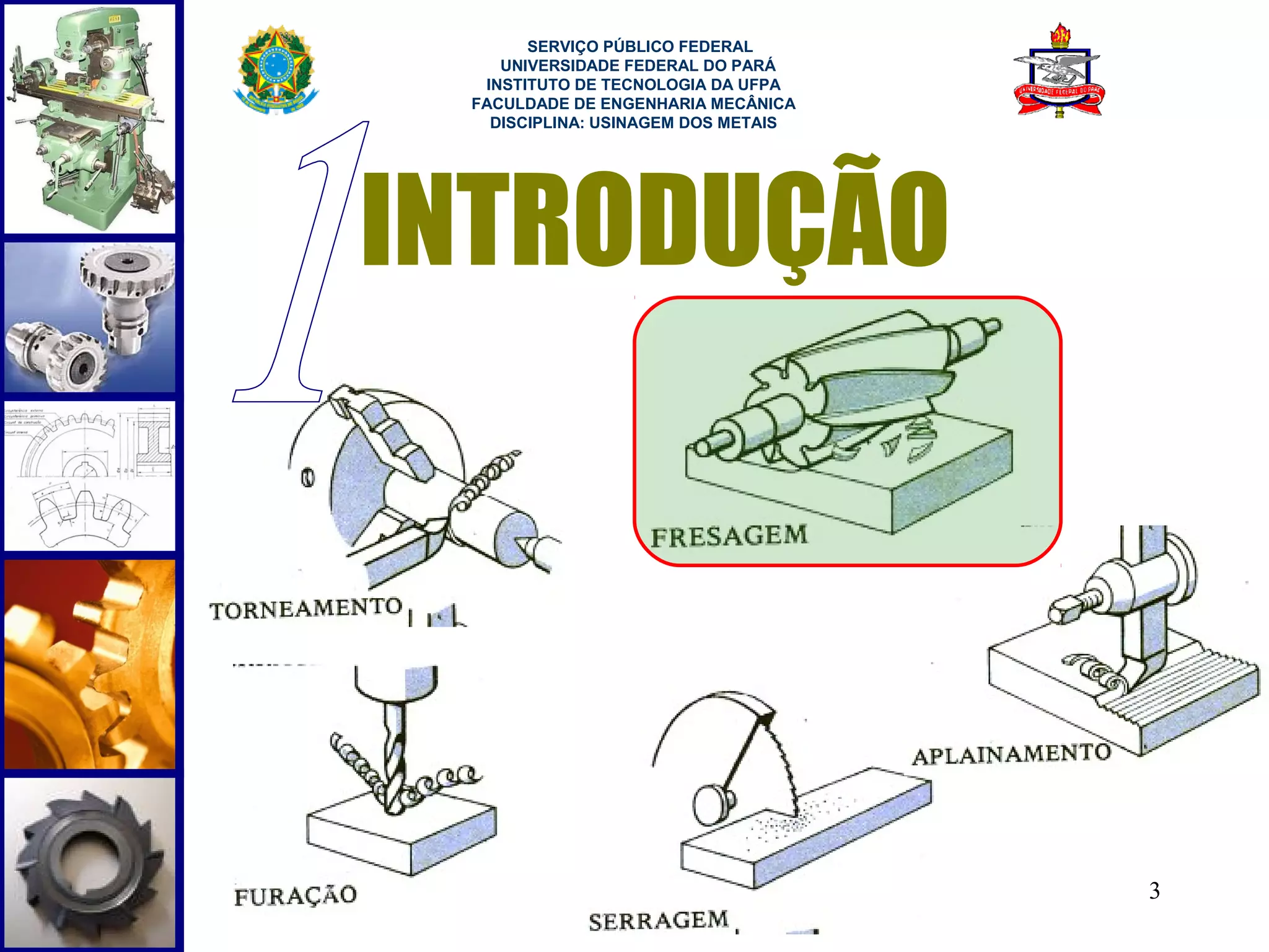  
       SERVIÇO PÚBLICO FEDERAL
    UNIVERSIDADE FEDERAL DO PARÁ
  INSTITUTO DE TECNOLOGIA DA UFPA
 FACULDADE DE ENGENHARIA MECÂNICA
   DISCIPLINA: USINAGEM DOS METAIS




INTRODUÇÃO




                                     3
 