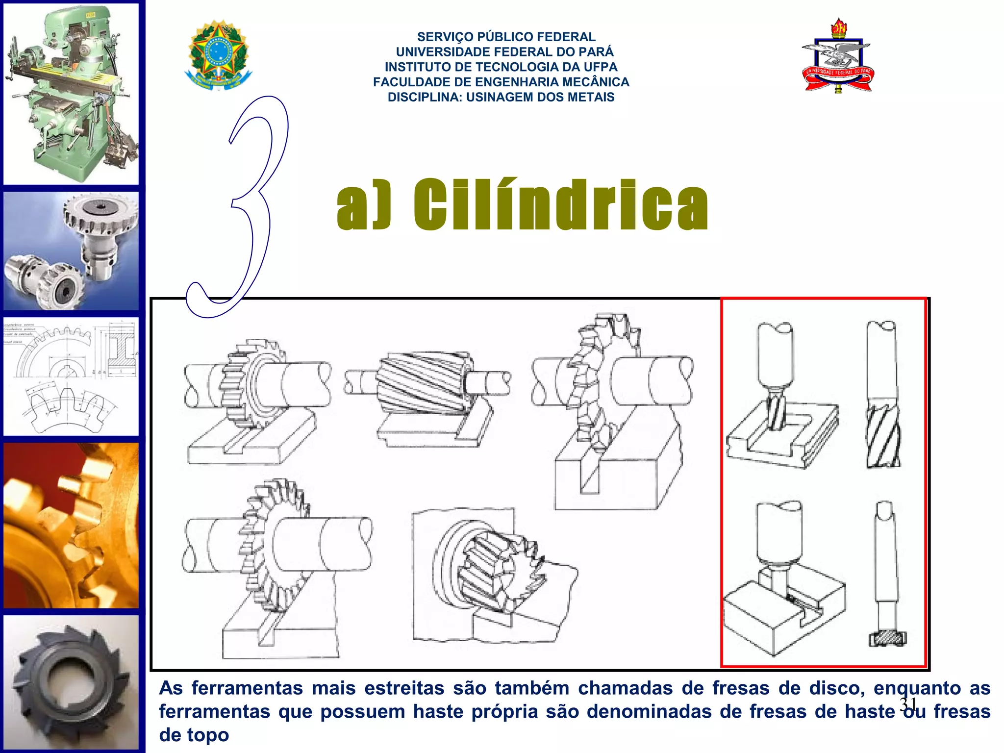  
                           SERVIÇO PÚBLICO FEDERAL
                        UNIVERSIDADE FEDERAL DO PARÁ
                      INSTITUTO DE TECNOLOGIA DA UFPA
                     FACULDADE DE ENGENHARIA MECÂNICA
                       DISCIPLINA: USINAGEM DOS METAIS




                 a) Cilíndrica




As ferramentas mais estreitas são também chamadas de fresas de disco, enquanto as
ferramentas que possuem haste própria são denominadas de fresas de haste 31 fresas
                                                                         ou
de topo
 