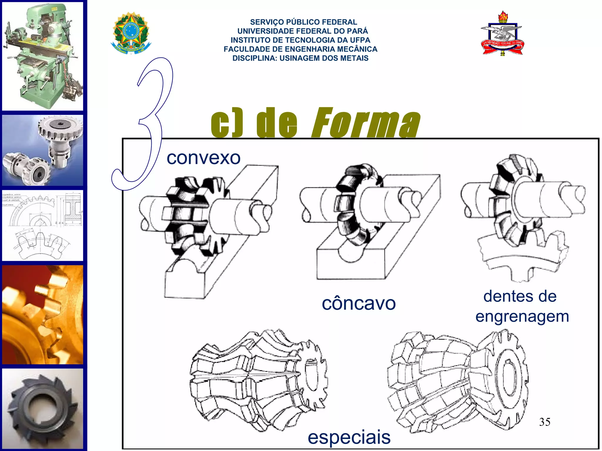  
           SERVIÇO PÚBLICO FEDERAL
        UNIVERSIDADE FEDERAL DO PARÁ
      INSTITUTO DE TECNOLOGIA DA UFPA
     FACULDADE DE ENGENHARIA MECÂNICA
       DISCIPLINA: USINAGEM DOS METAIS




    c) de Forma
convexo




                          côncavo         dentes de
                                         engrenagem




                                               35
                      especiais
 