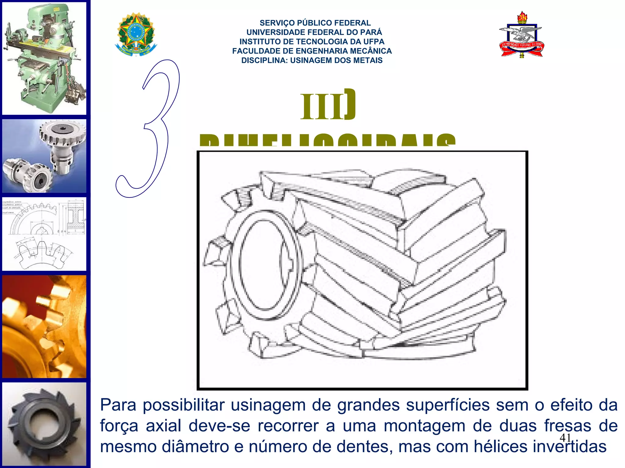  
                      SERVIÇO PÚBLICO FEDERAL
                   UNIVERSIDADE FEDERAL DO PARÁ
                 INSTITUTO DE TECNOLOGIA DA UFPA
                FACULDADE DE ENGENHARIA MECÂNICA
                  DISCIPLINA: USINAGEM DOS METAIS




                 III)
            BIHELICOIDAIS




Para possibilitar usinagem de grandes superfícies sem o efeito da
força axial deve-se recorrer a uma montagem de duas fresas de
                                                         41
mesmo diâmetro e número de dentes, mas com hélices invertidas
 