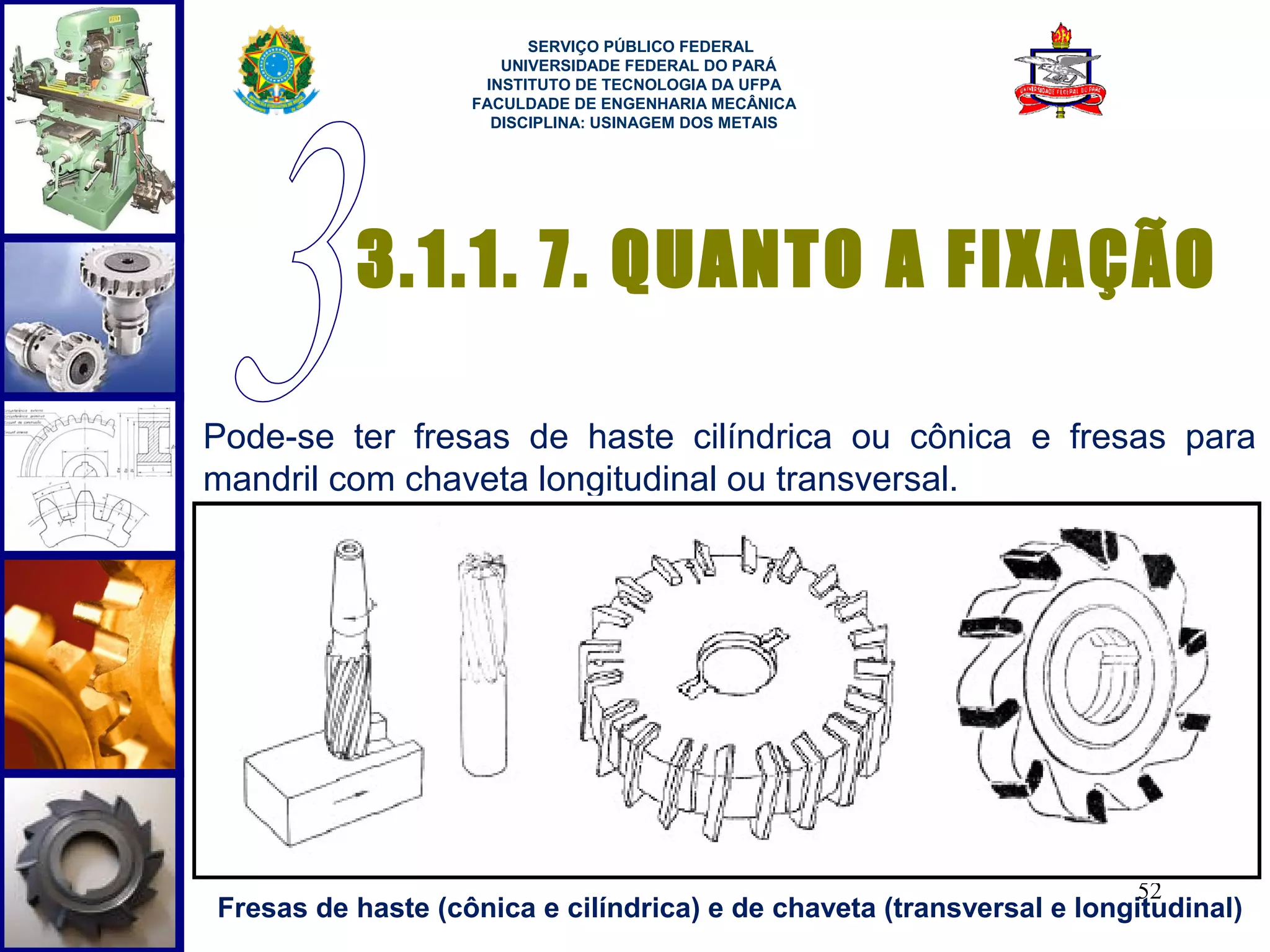  
                         SERVIÇO PÚBLICO FEDERAL
                      UNIVERSIDADE FEDERAL DO PARÁ
                    INSTITUTO DE TECNOLOGIA DA UFPA
                   FACULDADE DE ENGENHARIA MECÂNICA
                     DISCIPLINA: USINAGEM DOS METAIS




          3.1.1. 7. QUANTO A FIXAÇÃO

Pode-se ter fresas de haste cilíndrica ou cônica e fresas para
mandril com chaveta longitudinal ou transversal.




                                                                      52
Fresas de haste (cônica e cilíndrica) e de chaveta (transversal e longitudinal)
 