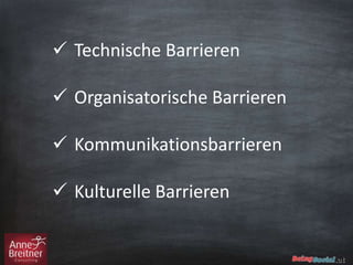  Technische Barrieren
 Organisatorische Barrieren
 Kommunikationsbarrieren
 Kulturelle Barrieren
 