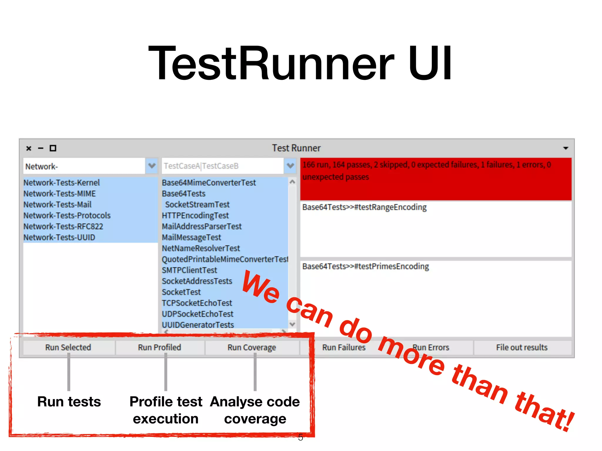 TestRunner UI
Run tests Proﬁle test
execution
Analyse code
coverage
We can do more than that!!5
 