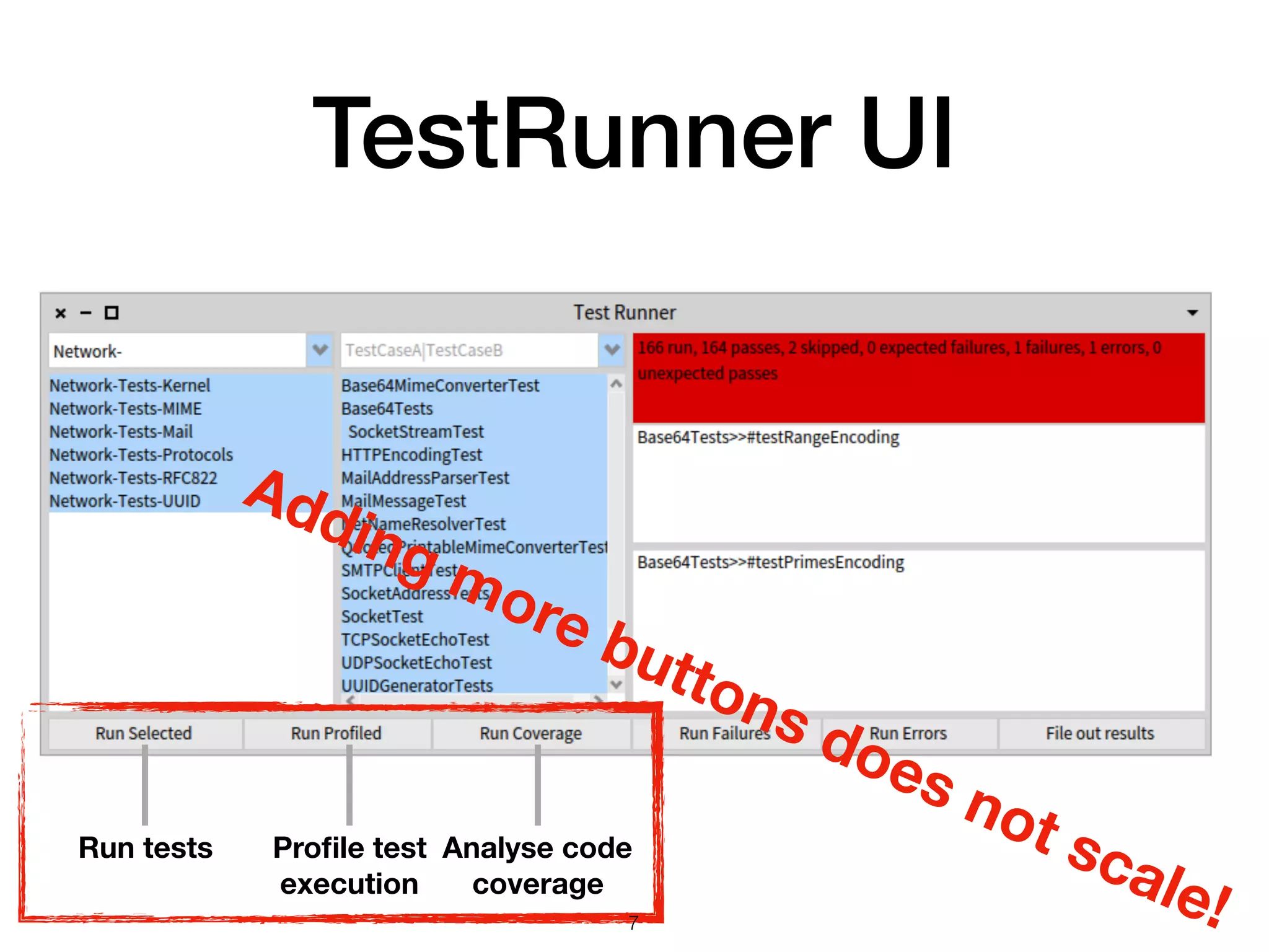 TestRunner UI
Run tests Proﬁle test
execution
Analyse code
coverage
Adding more buttons does not scale!!7
 