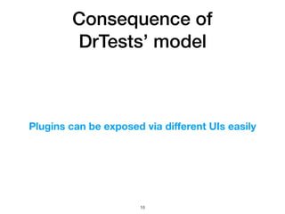 Consequence of
DrTests’ model
Plugins can be exposed via diﬀerent UIs easily
!16
 