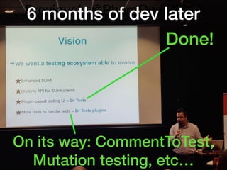 Previously @PharoDays 2019
Done!
On its way: CommentToTest,
Mutation testing, etc…
6 months of dev later
 