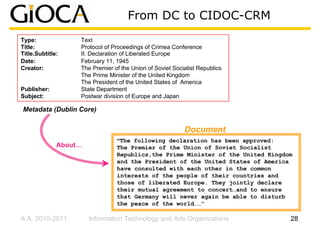 From DC to CIDOC-CRM
Type:              Text
Title:             Protocol of Proceedings of Crimea Conference
Title.Subtitle:    II. Declaration of Liberated Europe
Date:              February 11, 1945
Creator:           The Premier of the Union of Soviet Socialist Republics
                   The Prime Minister of the United Kingdom
                   The President of the United States of America
Publisher:         State Department
Subject:           Postwar division of Europe and Japan

Metadata (Dublin Core)


                                                          Document
                                “The following declaration has been approved:
              About…            The Premier of the Union of Soviet Socialist
                                Republics,the Prime Minister of the United Kingdom
                                and the President of the United States of America
                                have consulted with each other in the common
                                interests of the people of their countries and
                                those of liberated Europe. They jointly declare
                                their mutual agreement to concert…and to ensure
                                that Germany will never again be able to disturb
                                the peace of the world……“

A.A. 2010-2011         Information Technology and Arts Organizations             28
 