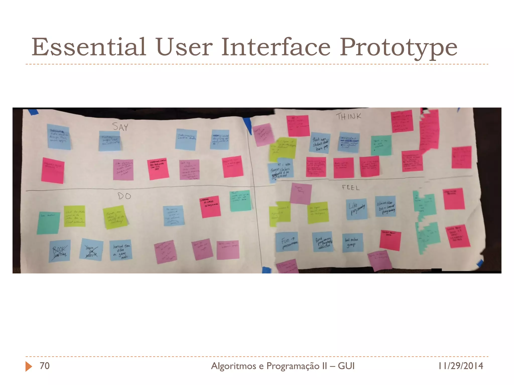 11/29/2014 
Algoritmos e Programação II – GUI 
70 
Essential User Interface Prototype  