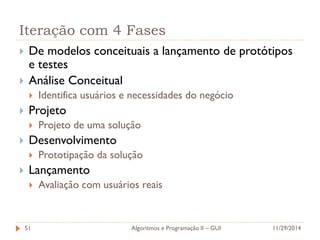 Iteração com 4 Fases 
De modelos conceituais a lançamento de protótipos e testes 
Análise Conceitual 
Identifica usuários e necessidades do negócio 
Projeto 
Projeto de uma solução 
Desenvolvimento 
Prototipação da solução 
Lançamento 
Avaliação com usuários reais 
11/29/2014 
Algoritmos e Programação II – GUI 
51  