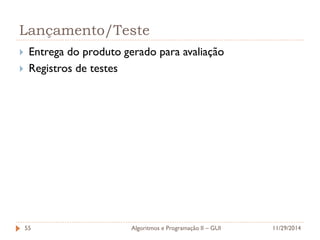 Lançamento/Teste 
Entrega do produto gerado para avaliação 
Registros de testes 
11/29/2014 
Algoritmos e Programação II – GUI 
55  