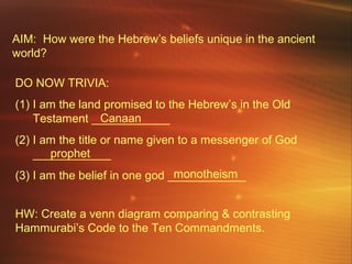 AIM: How were the Hebrew’s beliefs unique in the ancient
world?
DO NOW TRIVIA:
(1) I am the land promised to the Hebrew’s in the Old
Canaan
Testament ____________
(2) I am the title or name given to a messenger of God
prophet
____________
monotheism
(3) I am the belief in one god ____________
HW: Create a venn diagram comparing & contrasting
Hammurabi’s Code to the Ten Commandments.

 