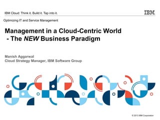 © 2013 IBM Corporation
IBM Cloud: Think it. Build it. Tap into it.
Management in a Cloud-Centric World
- The NEW Business Paradigm
Manish Aggarwal
Cloud Strategy Manager, IBM Software Group
Optimizing IT and Service Management
 