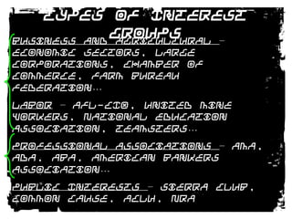 Types of Interest GroupsBusiness and Agricultural – Economic Sectors, Large Corporations, Chamber of Commerce, Farm Bureau Federation… Labor – AFL-CIO, United Mine Workers, National Education Association, Teamsters…Professional Associations – AMA, ADA, ABA, American Bankers Association…Public Interests – Sierra Club, Common Cause, ACLU, NRAIdeological Groups – People for American Way, Christian Coalition, Tea Party PatriotsPublic-Sector Groups – National League of Cities, Brookings Institution, CATO Institute, universities, 