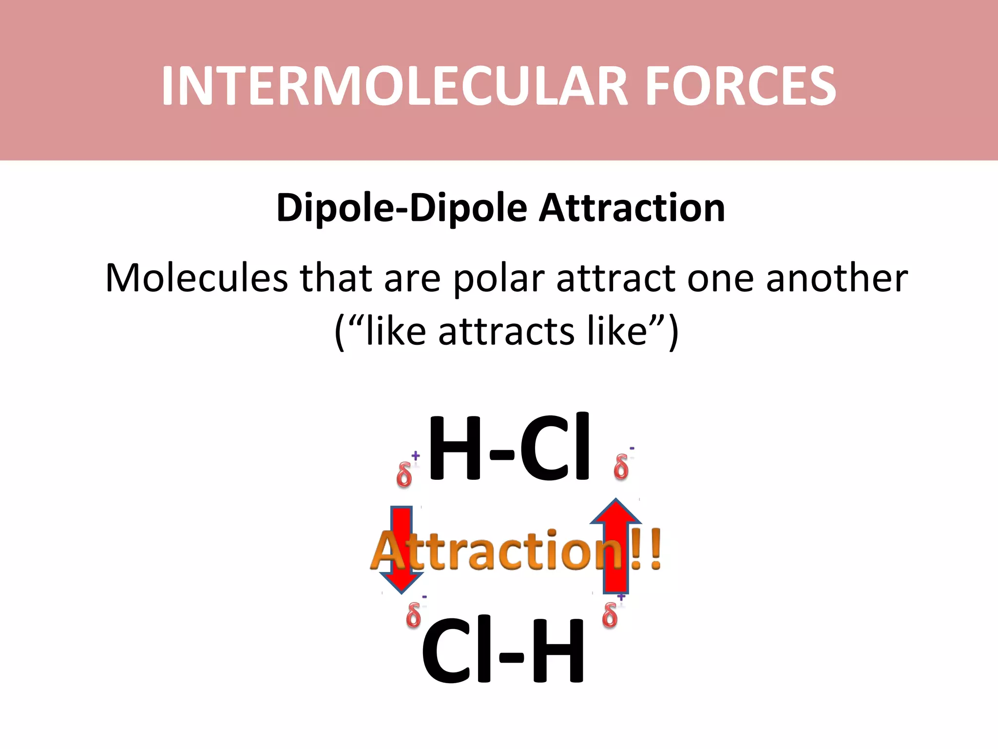 INTERMOLECULAR FORCES
Dipole-Dipole Attraction
Molecules that are polar attract one another
(“like attracts like”)
H-Cl
Cl-H
 