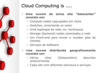 Cloud Computing is ....
• Evolução de diversas tecnologias
– Serviços SaaS originados no modelo SMB
– Grid e Virtualização originados nos data centers
enterprise
– Hosting e virtualização de servidores dos ISPs
 