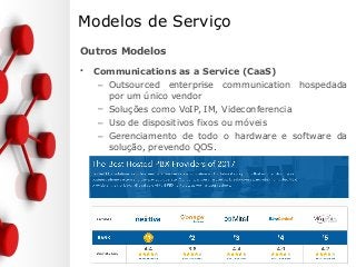 Modelos de Serviço
Outros Modelos
• Communications as a Service (CaaS)
– Outsourced enterprise communication hospedada
por um único vendor
– Soluções como VoIP, IM, Videconferencia
– Uso de dispositivos fixos ou móveis
– Gerenciamento de todo o hardware e software da
solução, prevendo QOS.
 