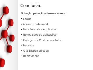 Conclusão
Solução para Problemas como:
●
Escala
●
Acesso on-demand
●
Data Intensive Application
●
Novos tipos de aplicações
●
Redução de Custos com Infra
●
Backups
●
Alta Disponibilidade
●
Deployment
 