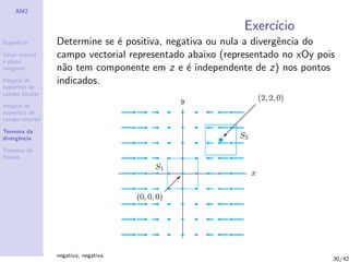 AM2
Superf´ıcie
Vetor normal
e plano
tangente
Integral de
superf´ıcie de
campo escalar
Integral de
superf´ıcie de
campo vetorial
Teorema da
divergˆencia
Teorema de
Stokes
Exerc´ıcio
Determine se ´e positiva, negativa ou nula a divergˆencia do
campo vectorial representado abaixo (representado no xOy pois
n˜ao tem componente em z e ´e independente de z) nos pontos
indicados.
negativa; negativa.
30/42
 