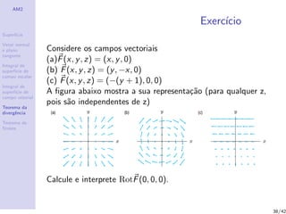 AM2
Superf´ıcie
Vetor normal
e plano
tangente
Integral de
superf´ıcie de
campo escalar
Integral de
superf´ıcie de
campo vetorial
Teorema da
divergˆencia
Teorema de
Stokes
Exerc´ıcio
Considere os campos vectoriais
(a)F(x, y, z) = (x, y, 0)
(b) F(x, y, z) = (y, −x, 0)
(c) F(x, y, z) = (−(y + 1), 0, 0)
A ﬁgura abaixo mostra a sua representa¸c˜ao (para qualquer z,
pois s˜ao independentes de z)
Calcule e interprete RotF(0, 0, 0).
38/42
 