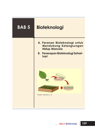 BAB 5   Bioteknologi


        A. Peranan Bioteknologi untuk
           Mendukung Kelangsungan
           Hidup Manusia
        B. Penerapan Bioteknologi Sehari-
           hari




        Sumber: www.bbc.co. uk.




                                  Bab 5 Bioteknologi   109
 