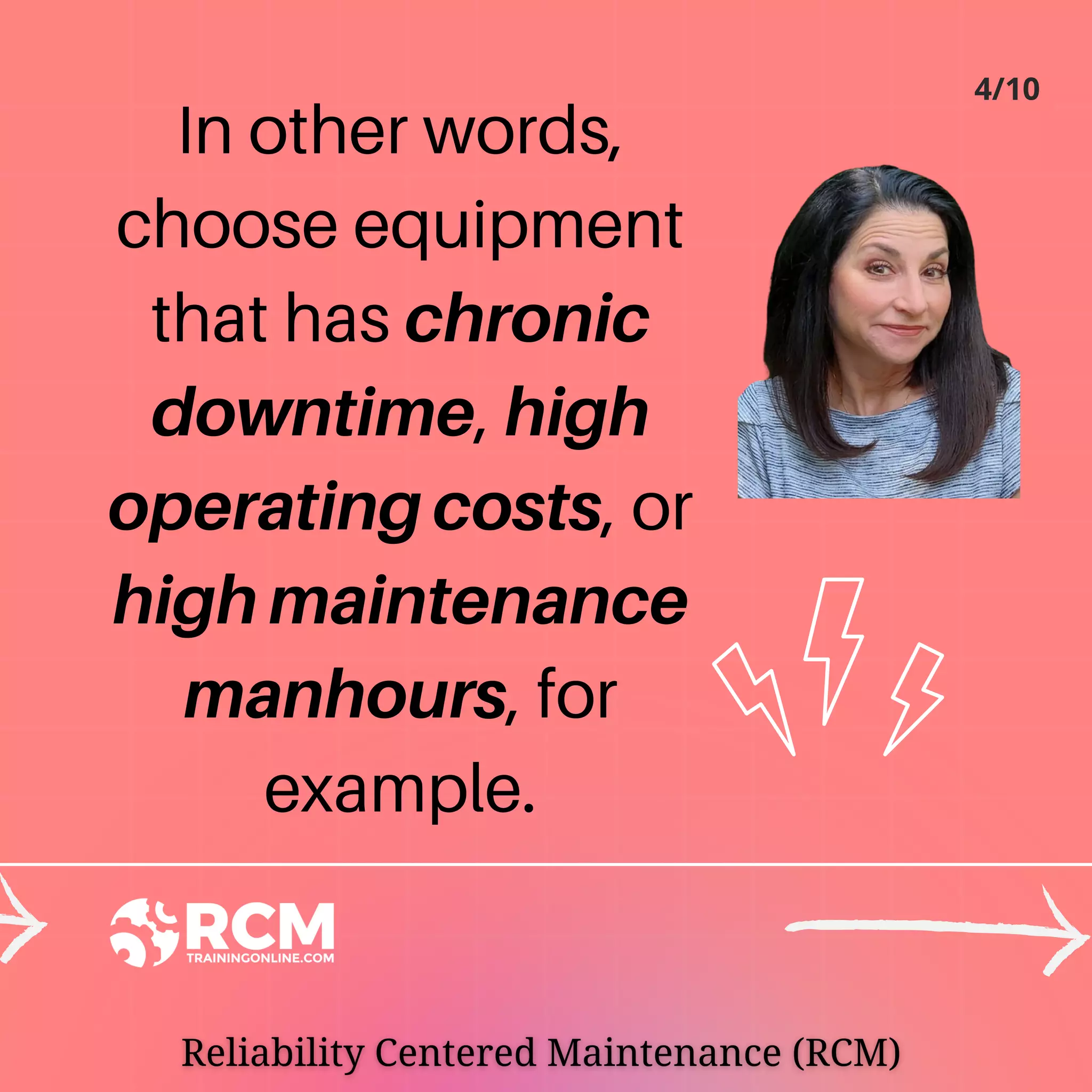 In other words,
choose equipment
that has chronic
downtime, high
operating costs, or
high maintenance
manhours, for
example.
4/10