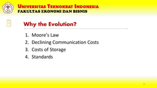15
Why the Evolution?
1. Moore's Law
2. Declining Communication Costs
3. Costs of Storage
4. Standards
 
