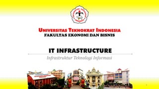 IT INFRASTRUCTURE
UNIVERSITAS TEKNOKRAT INDONESIA
FAKULTAS EKONOMI DAN BISNIS
Infrastruktur Teknologi Informasi
3
 