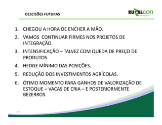 DESCISÕES	
  FUTURAS	
  


1.  CHEGOU	
  A	
  HORA	
  DE	
  ENCHER	
  A	
  MÃO.	
  
2.  VAMOS	
  	
  CONTINUAR	
  FIRMES	
  NOS	
  PROJETOS	
  DE	
  
    INTEGRAÇÃO.	
  
3.  INTENSIFICAÇÃO	
  –	
  TALVEZ	
  COM	
  QUEDA	
  DE	
  PREÇO	
  DE	
  
    PRODUTOS.	
  
4.  HEDGE	
  MÍNIMO	
  DAS	
  POSIÇÕES.	
  
5.  REDUÇÃO	
  DOS	
  INVESTIMENTOS	
  AGRÍCOLAS.	
  
6.  ÓTIMO	
  MOMENTO	
  PARA	
  GANHOS	
  DE	
  VALORIZAÇÃO	
  DE	
  
    ESTOQUE	
  –	
  VACAS	
  DE	
  CRIA	
  –	
  E	
  POSTERIORMENTE	
  
    BEZERROS.	
  


 17
 