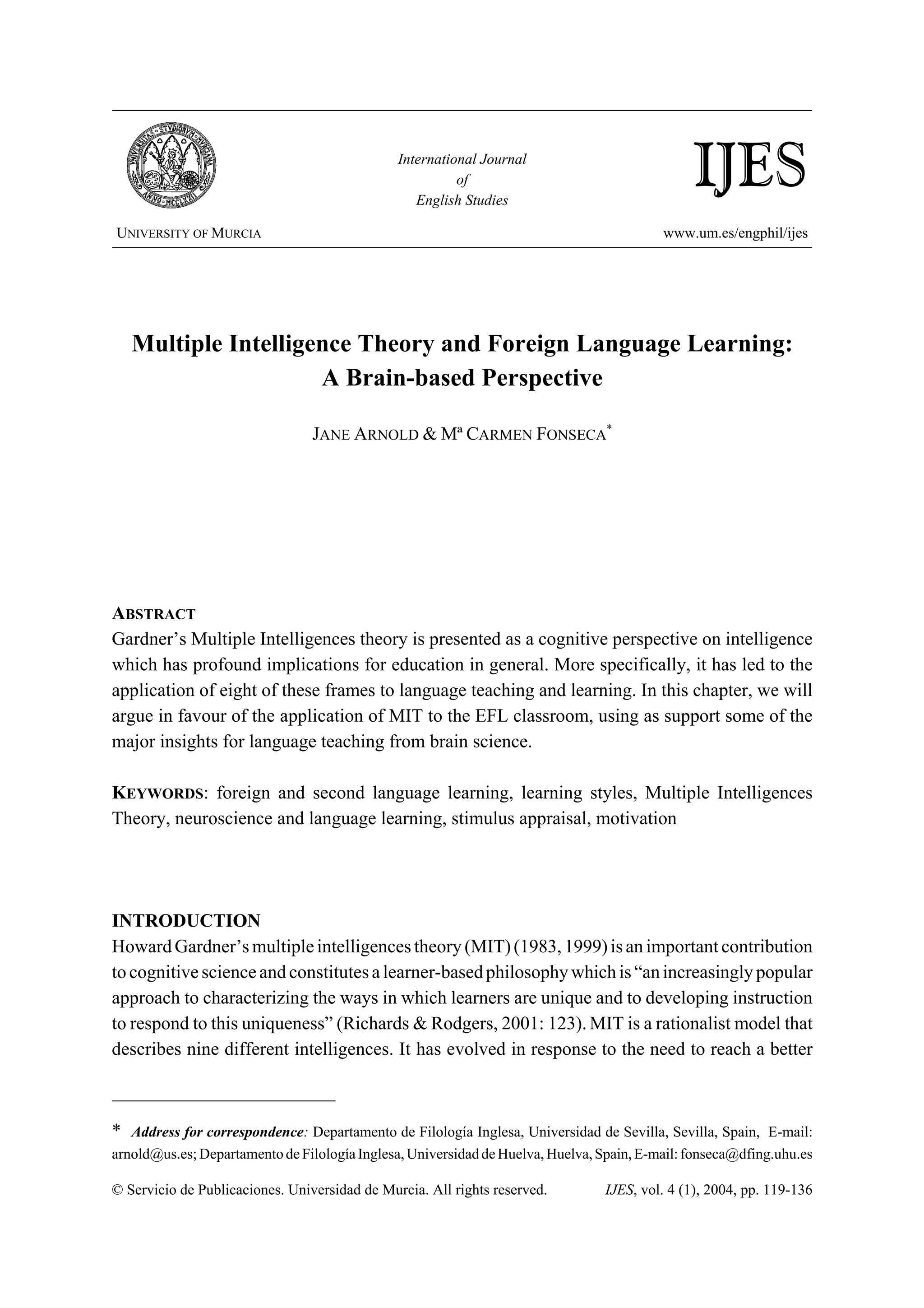 Multiple Intelligence Theory and Foreign Language Learning: A Brain ...