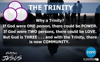 THE TRINITY
Why a Trinity?
If God were ONE person, there could be POWER.
If God were TWO persons, there could be LOVE.
But God is THREE . . . and with the Trinity, there
is now COMMUNITY.
 