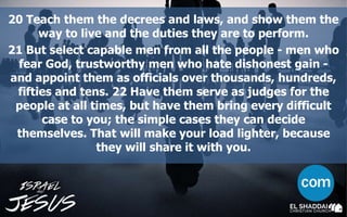 20 Teach them the decrees and laws, and show them the
way to live and the duties they are to perform.
21 But select capable men from all the people - men who
fear God, trustworthy men who hate dishonest gain -
and appoint them as officials over thousands, hundreds,
fifties and tens. 22 Have them serve as judges for the
people at all times, but have them bring every difficult
case to you; the simple cases they can decide
themselves. That will make your load lighter, because
they will share it with you.
 