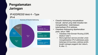 Pengalamatan
Jaringan
IPADDRESSVersi 4 –Type
IPv4
• Classful Addressing menyebabkan
banyak alamat yang tidak terpakai dan
mengakibatkan keterbatasan
ketersediaan IPv4 address.
• Classless Addressing diperkenalkan
pada tahun 1990
• Classless Inter-Domain Routing (CIDR,
disebut “cider”)
• Memungkinkan service provider untuk
mengalokasikan IPv4 addresses pada
beberapa bit boundary address (prefix
length) sebagai pegganti dari classA,
B, atau C.
 