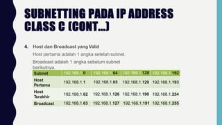 SUBNETTING PADA IP ADDRESS
CLASS C (CONT...)
4. Host dan Broadcast yangValid
Host pertama adalah 1 angka setelah subnet.
Broadcast adalah 1 angka sebelum subnet
berikutnya.
Subnet 192.168.1.0 192.168.1.64 192.168.1.128 192.168.1.192
Host
Pertama
192.168.1.1 192.168.1.65 192.168.1.129 192.168.1.193
Host
Terakhir
192.168.1.62 192.168.1.126 192.168.1.190 192.168.1.254
Broadcast 192.168.1.63 192.168.1.127 192.168.1.191 192.168.1.255
 