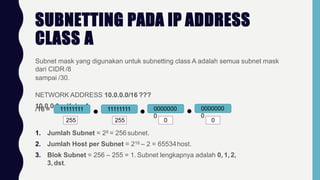 SUBNETTING PADA IP ADDRESS
CLASS A
Subnet mask yang digunakan untuk subnetting class A adalah semua subnet mask
dari CIDR /8
sampai /30.
NETWORK ADDRESS 10.0.0.0/16 ???
10.0.0.0 = KelasA
/16 = 11111111 11111111 0000000
0
0000000
0
255 255 0 0
1. Jumlah Subnet = 28 = 256subnet.
2. Jumlah Host per Subnet = 216 – 2 = 65534host.
3. Blok Subnet = 256 – 255 = 1. Subnet lengkapnya adalah 0, 1, 2,
3, dst.
 