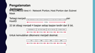 Pengalamatan
Jaringan
IPADDRESSVersi 4 - Network Portion, Host Portion dan Subnet
Mask
Terbagi menjadi dua bagian Bagian networkID dan Bagian
HostID
32 bit dibagi menjadi 4 bagian setiap bagian terdiri dari 8 bit.
Untuk kemudahan dikonversi menjadi desimal.
 