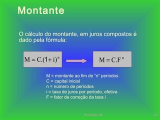 Prof.Ilydio Sá 24
Montante
O cálculo do montante, em juros compostos é
dado pela fórmula:
n
)i.(CM += 1
M = montante ao fim de “n” períodos
C = capital inicial
n = número de períodos
i = taxa de juros por período, efetiva
F = fator de correção da taxa i
n
C.FM =
 