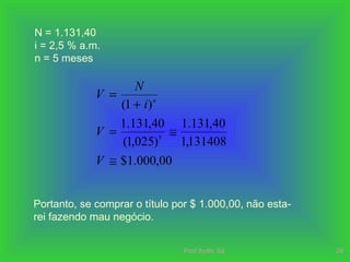 Prof.Ilydio Sá 28
N = 1.131,40
i = 2,5 % a.m.
n = 5 meses
00,000.1$
131408,1
40,131.1
)025,1(
40,131.1
)1(
5
≅
≅=
+
=
V
V
i
N
V n
Portanto, se comprar o título por $ 1.000,00, não esta-
rei fazendo mau negócio.
 