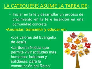 LA CATEQUESIS ASUME LA TAREA DE:
  • Iniciar en la fe y desarrollar un proceso de
    crecimiento en la fe e inserción en una
    comunidad concreta
•Anunciar, transmitir y educar en:

   •Los valores del Evangelio
   de Jesús
   •La Buena Noticia que
   permite vivir actitudes más
   humanas, fraternas y
   solidarias, para la
   construcción del Reino.
 