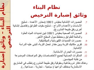 ‫الترخيص‬ ‫إضبارة‬ ‫وثائق‬
.7
‫بمقياس‬ ‫اإلنشائية‬ ‫المصورات‬
100/1
‫تسليح‬ – ‫األعمدة‬ ‫(محاور‬
‫إنشائية‬ ‫وتفاصيل‬ ‫الطوابق‬ ‫سقوف‬ ‫تسليح‬ – ‫واألدراج‬ ‫واألعمدة‬ ‫األساسات‬
.)‫المشروع‬ ‫طبيعة‬ ‫وفق‬ ‫أخرى‬
.8
‫بمقياس‬ ‫الصحية‬ ‫المصورات‬
100/1
‫الحلوة‬ ‫المياه‬ ‫تمديدات‬ ‫تبين‬
.‫األخير‬ ‫السطح‬ ‫ميول‬ ‫ومخطط‬ ‫للطوابق‬ ‫والمالحة‬
.9
.‫والميكانيكية‬ ‫الكهربائية‬ ‫التمديدات‬ ‫مصورات‬
.10
‫الدراسة‬ ‫عليه‬ ‫لتبنى‬ ،‫التربة‬ ‫تحمل‬ ‫مقدار‬ ‫ويبن‬ ‫التربة‬ ‫مكانيك‬ ‫تقرير‬
.‫اإلنشائية‬
.11
.‫االستنادية‬ ‫الجدران‬ ‫مصورات‬
.12
‫الموضوعة‬ ‫المواصفات‬ ‫وفق‬ ‫االختصاصات‬ ‫لجميع‬ ‫الحسابية‬ ‫المذكرات‬
.‫المهندسين‬ ‫نقابة‬ ‫من‬
‫المشاريع‬ ‫في‬ ‫وتطلب‬ ‫المشروع‬ ‫طبيعة‬ ‫وفق‬ ‫وحقوقية‬ ‫فنية‬ ‫شروط‬ ‫دفاتر‬ ‫وهناك‬
.)...‫صناعية‬ – ‫تجارية‬ – ‫سياحية‬ ( ‫أنواعها‬ ‫بمختلف‬ ‫االستثمارية‬
‫البناء‬ ‫نظام‬
‫إضبارة‬
‫وثائق‬
–
‫البناء‬
‫نظام‬
‫الترخيص‬
 