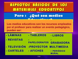ASPECTOS BÁSICOS DE LOS
MATERIALES EDUCATIVOS
Pero :

¿Qué son medios
Educativos?

Los medios educativos son los recursos empleados
por el profesor para realizar un evento pedagógico,
pueden ser:
- LÁMINAS

- TABLEROS

- REVISTAS

-

- LIBROS

PAPELOGRAFOS GRABADORA

- TELEVISIÓN -PROYECTOR MULTIMEDIA
- CARTELES

- AFICHES
FVH

-

PERIÓDICO
MURAL

 