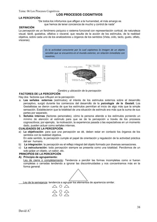 Tema: 06 Los Procesos Cognitivos
                                 LOS PROCESOS COGNITIVOS
LA PERCEPCIÓN
                  “De todos los infortunios que afligen a la humanidad, el más amargo es
                        que hemos de tener conciencia de mucho y control de nada”
DEFINICIÓN
La percepción es un fenómeno psíquico o sistema funcional con representación cortical, de naturaleza
visual, táctil, gustativa, olfativa o visceral, que resulta de la acción de los estímulos, de la realidad
objetiva, sobre cada uno de los analizadores u órganos de los sentidos (Vista, oído, tacto, gusto, olfato,
vísceras).


                       Es la actividad consciente por la cual captamos la imagen de un objeto
                       sensible que se encuentra en el mundo exterior, en relación inmediata con
                       nosotros.




                                 Cerebro y ubicación de la percepción
FACTORES DE LA PERCEPCIÓN
Hay dos factores que influyen en la percepción:
a. Las señales externas (estímulos); el interés de los estímulos externos sobre el desarrollo
   perceptivo, surgió durante los comienzos del desarrollo de la psicología de la Gestalt. Los
   Gestaltistas se dieron cuenta de que los estímulos permitían el inicio de algo más que la simple
   sensación. Establecieron que la totalidad de una situación de estímulo era más que la suma de sus
   partes por separado.
b. Señales internas (factores personales), cómo la persona atiende a los estímulos poniendo un
   mínimo de atención al estímulo para que se de la percepción a través de los procesos
   cognoscitivos; por ejemplo, la motivación, la experiencia pasada o las expectativas en un momento
   dado, pueden actuar como señales internas.
CUALIDADES DE LA PERCEPCIÓN.
a) La objetivación: para que una percepción se dé, deben estar en contacto los órganos de los
   sentidos con la realidad objetiva.
   En este sentido, la percepción cumple el papel de orientación y regulación de la actividad práctica
   del ser humano.
b) La integración: la percepción es el reflejo integral del objeto formado por diversas sensaciones.
c) La estructuración: toda percepción siempre se presenta como una totalidad. Percibimos de un
   solo golpe un objeto, un sabor, etc.
PRINCIPIOS DE LA PERCEPCIÓN
A) Principio de agrupamiento:
   Ley de cierre o completamiento: Tendencia a percibir las formas incompletas como si fueran
   completas o cerradas tendiendo a ignorar las discontinuidades y nos concentramos más en la
   forma general.




   Ley de la semejanza: tendencia a agrupar los elementos de apariencia similar.




                                                                                                       38
David A3
 