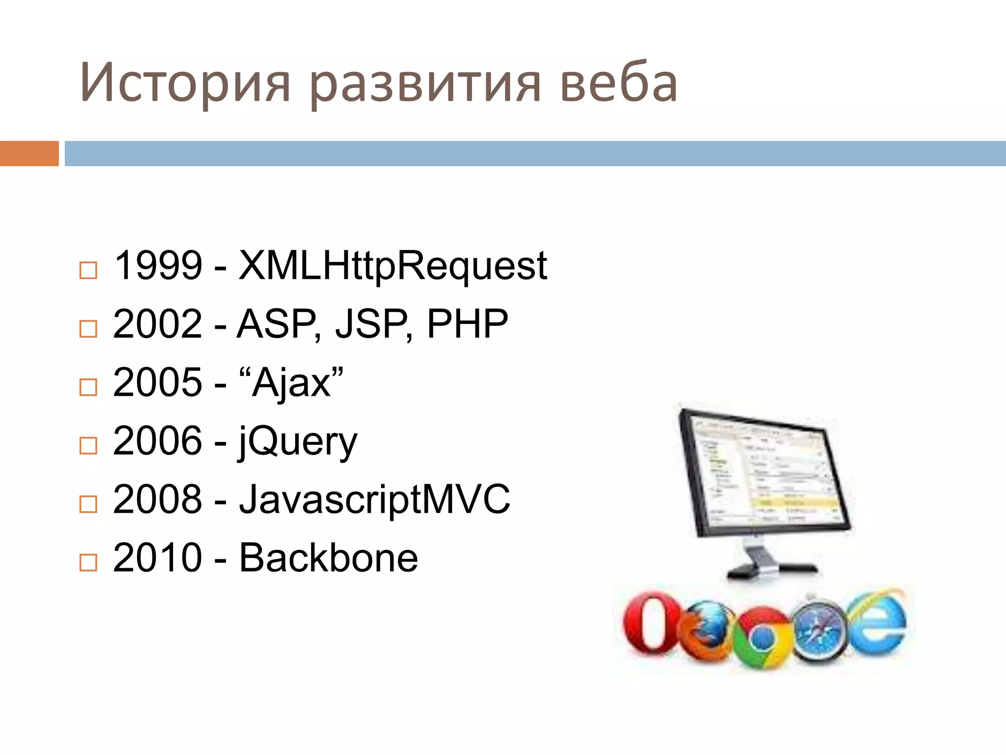 История развития веба

   1999 - XMLHttpRequest
   2002 - ASP, JSP, PHP
   2005 - “Ajax”
   2006 - jQuery
   2008 - JavascriptMVC
   2010 - Backbone
 