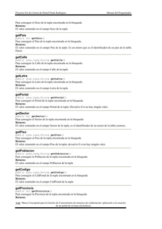 Proyecto Fin de Carrera de Daniel Prado Rodríguez Manual del Programador
Marco Conceptual para la Gestión de Conocimiento de entornos de colaboración: aplicación a la creación
de un portal de revistas electrónicas
348
Para conseguir el Sexo de la tupla encontrada en la búsqueda
Returns:
El valor contenido en el campo Sexo de la tupla
getPais
public int getPais()
Para conseguir el Pais de la tupla encontrada en la búsqueda.
Returns:
El valor contenido en el campo Pais de la tupla. Es un entero que es el identificador de un pais de la tabla
Paises
getCalle
public java.lang.String getCalle()
Para conseguir la Calle de la tupla encontrada en la búsqueda
Returns:
El valor contenido en el campo Calle de la tupla
getLetra
public java.lang.String getLetra()
Para conseguir la Letra de la tupla encontrada en la búsqueda
Returns:
El valor contenido en el campo Letra de la tupla
getPortal
public java.lang.String getPortal()
Para conseguir el Portal de la tupla encontrada en la búsqueda
Returns:
El valor contenido en el campo Portal de la tupla. Devuelve 0 si no hay ningún valor.
getSector
public int getSector()
Para conseguir el Sector de la tupla encontrada en la búsqueda
Returns:
El valor contenido en el campo Sector de la tupla, es el identificador de un sector de la tabla sectores.
getPiso
public java.lang.String getPiso()
Para conseguir el Piso de la tupla encontrada en la búsqueda
Returns:
El valor contenido en el campo Piso de la tupla, devuelve 0 si no hay ningún valor.
getPoblacion
public java.lang.String getPoblacion()
Para conseguir la Poblacion de la tupla encontrada en la búsqueda
Returns:
El valor contenido en el campo Poblacion de la tupla
getCodigo
public java.lang.String getCodigo()
Para conseguir el CódPostal de la tupla encontrada en la búsqueda
Returns:
El valor contenido en el campo CódPostal de la tupla
getProvincia
public int getProvincia()
Para conseguir la Provincia de la tupla encontrada en la búsqueda
Returns:
 