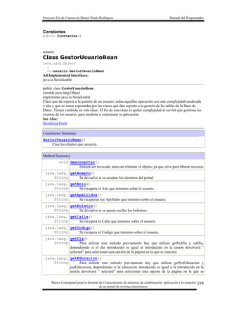 Proyecto Fin de Carrera de Daniel Prado Rodríguez Manual del Programador
Marco Conceptual para la Gestión de Conocimiento de entornos de colaboración: aplicación a la creación
de un portal de revistas electrónicas
359
Constantes
public Constantes()
usuario
Class GestorUsuarioBean
java.lang.Object
|
+--usuario.GestorUsuarioBean
All Implemented Interfaces:
java.io.Serializable
public class GestorUsuarioBean
extends java.lang.Object
implements java.io.Serializable
Clase que da soporte a la gestión de un usuario, todas aquellas operación con una complejidad moderada
o alta y que no esten soportadas por las clases que dan soporte a la gestión de las tablas de la Base de
Datos. Tienen cambida en esta clase. El fin de esta clase es quitar complejidad al servlet que gestiona los
eventos de los usuario, para modular u estructurar la aplicación.
See Also:
Serialized Form
Constructor Summary
GestorUsuarioBean()
Crea los objetos que necesita.
Method Summary
void desconectar()
Deberá ser invocado antes de eliminar el objeto, ya que sirve para liberar recursos
java.lang.
String
getAcepto()
Se devuelve si se aceptan los términos del portal.
java.lang.
String
getAnio()
Se recupera el Año que tenomos sobre el usuario.
java.lang.
String
getApellidos()
Se recuperan los Apellidos que tenomos sobre el usuario.
java.lang.
String
getBoletin()
Se devuelve si se quiere recibir los boletines
java.lang.
String
getCalle()
Se recupera la Calle que tenomos sobre el usuario.
java.lang.
String
getCodigo()
Se recupera el Codigo que tenomos sobre el usuario.
java.lang.
String
getDia()
Para utilizar este método previamente hay que utilizar getNoDia y setDia,
dependiendo si el dia introducido es igual al introducido en la sesión devolverá "
selected" para selecionar esta opción de la página en la que se muestra
java.lang.
String
getEducacion()
Para utilizar este método previamente hay que utilizar getNoEducacion y
putEducacion, dependiendo si la educación introducida es igual a la introducido en la
sesión devolverá " selected" para selecionar esta opción de la página en la que se
 