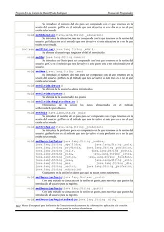 Proyecto Fin de Carrera de Daniel Prado Rodríguez Manual del Programador
Marco Conceptual para la Gestión de Conocimiento de entornos de colaboración: aplicación a la creación
de un portal de revistas electrónicas
362
Se introduce el número del dia para ser comparado con el que tenemos en la
sesión del usuario. getDia es el método que nos devuelve si este dia es o no el que
estaba selecionado
void setEducacion(java.lang.String _educacion)
Se introduce la educación para ser comparada con la que tenemos en la sesión del
usuario. getEducacion es el método que nos devuelve si esta educacion es o no la que
estaba selecionada.
boolean setEliminar(java.lang.String _eMail)
Se elimina al usuario que tenga por eMail el introducido.
void setGx(java.lang.String numero)
Se introduce un Gusto para ser comparado con losa que tenemos en la sesión del
usuario. getGx es el método que nos devuelve si este gusto esta o no selecionado por el
usuario.
void setMes(java.lang.String _mes)
Se introduce el número del mes para ser comparado con el que tenemos en la
sesión del usuario. getMes es el método que nos devuelve si este mes es o no el que
estaba selecionado
void setOlvidarDatos()
Se elimina de la sesión los datos introducidos
void setOlvidarGustos()
Se elimina de la sesión todos los gustos
void setOlvidarRegistroBasico()
Eliminamos de la sesión los datos almacenados en el método
setRecordarRegistroBasico.
void setPais(java.lang.String _pais)
Se introduci el nombre de un pais para ser comparado con el que tenemos en la
sesión del usuario. getPais es el método que nos devuelve si este país es o no el que
estaba selecionado
void setProfesion(java.lang.String _profesion)
Se introduce la profesion para ser comparada con la que tenemos en la sesión del
usuario. getProfesion es el método que nos devuelve si esta profesion es o no la que
estaba selecionada.
void setRecordarDatos(java.lang.String _nombre,
java.lang.String _apellidos, java.lang.String _pais,
java.lang.String _provincia, java.lang.String _poblacion,
java.lang.String _calle, java.lang.String _portal,
java.lang.String _piso, java.lang.String _letra,
java.lang.String _codigo, java.lang.String _telefono,
java.lang.String _sexo, java.lang.String _anio,
java.lang.String _mes, java.lang.String _dia,
java.lang.String _sector, java.lang.String _profesion,
java.lang.String _educacion)
Guardamos en la sesión los datos que aquí se pasan como parámetros.
void setRecordarGusto(java.lang.Boolean _gusto)
Con este método se almacena en la sesión un gusto, para recordar que guston ha
introducido el usuario para su registro.
void setRecordarGusto(java.lang.String _gusto)
Con este método se almacena en la sesión un gusto, para recordar que guston ha
introducido el usuario para su registro.
void setRecordarRegistroBasico(java.lang.String _nick,
 