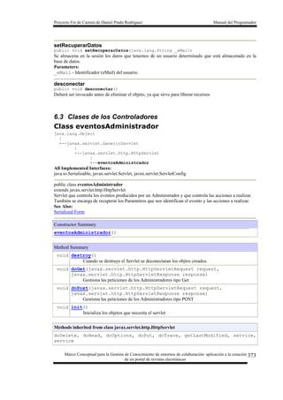 Proyecto Fin de Carrera de Daniel Prado Rodríguez Manual del Programador
Marco Conceptual para la Gestión de Conocimiento de entornos de colaboración: aplicación a la creación
de un portal de revistas electrónicas
373
setRecuperarDatos
public void setRecuperarDatos(java.lang.String _eMail)
Se almacena en la sesión los datos que tenemos de un usuario determinado que está almacenado en la
base de datos.
Parameters:
_eMail - Identificador (eMail) del usuario.
desconectar
public void desconectar()
Deberá ser invocado antes de eliminar el objeto, ya que sirve para liberar recursos
6.3 Clases de los Controladores
Class eventosAdministrador
java.lang.Object
|
+--javax.servlet.GenericServlet
|
+--javax.servlet.http.HttpServlet
|
+--eventosAdministrador
All Implemented Interfaces:
java.io.Serializable, javax.servlet.Servlet, javax.servlet.ServletConfig
public class eventosAdministrador
extends javax.servlet.http.HttpServlet
Servlet que controla los eventos producidos por un Administrador y que controla las acciones a realizar.
También se encarga de recuperar los Parametros que nos identifican el evento y las acciones a realizar.
See Also:
Serialized Form
Constructor Summary
eventosAdministrador()
Method Summary
void destroy()
Cuando se destruye el Servlet se deconectaran los objtos creados.
void doGet(javax.servlet.http.HttpServletRequest request,
javax.servlet.http.HttpServletResponse response)
Gestiona las peticiones de los Administradores tipo Get
void doPost(javax.servlet.http.HttpServletRequest request,
javax.servlet.http.HttpServletResponse response)
Gestiona las peticiones de los Administradores tipo POST
void init()
Inicializa los objetos que necesita el servlet
Methods inherited from class javax.servlet.http.HttpServlet
doDelete, doHead, doOptions, doPut, doTrace, getLastModified, service,
service
 